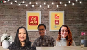 Elena Torrijos, publisher and digital editor of MoneySense; Wilfredo Rodriguez Jr., executive vice president for IT and Operations of Asia United Bank (AUB), and Mags Surtida, AUB first vice president and Cards & Acquiring Business Group Head during the “Tap & Click with AUB” virtual briefing on Oct. 20.