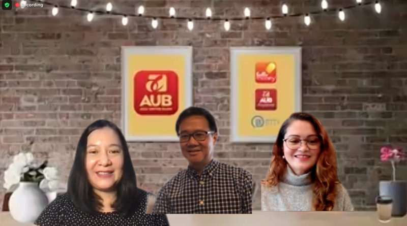 Elena Torrijos, publisher and digital editor of MoneySense; Wilfredo Rodriguez Jr., executive vice president for IT and Operations of Asia United Bank (AUB), and Mags Surtida, AUB first vice president and Cards & Acquiring Business Group Head during the “Tap & Click with AUB” virtual briefing on Oct. 20.